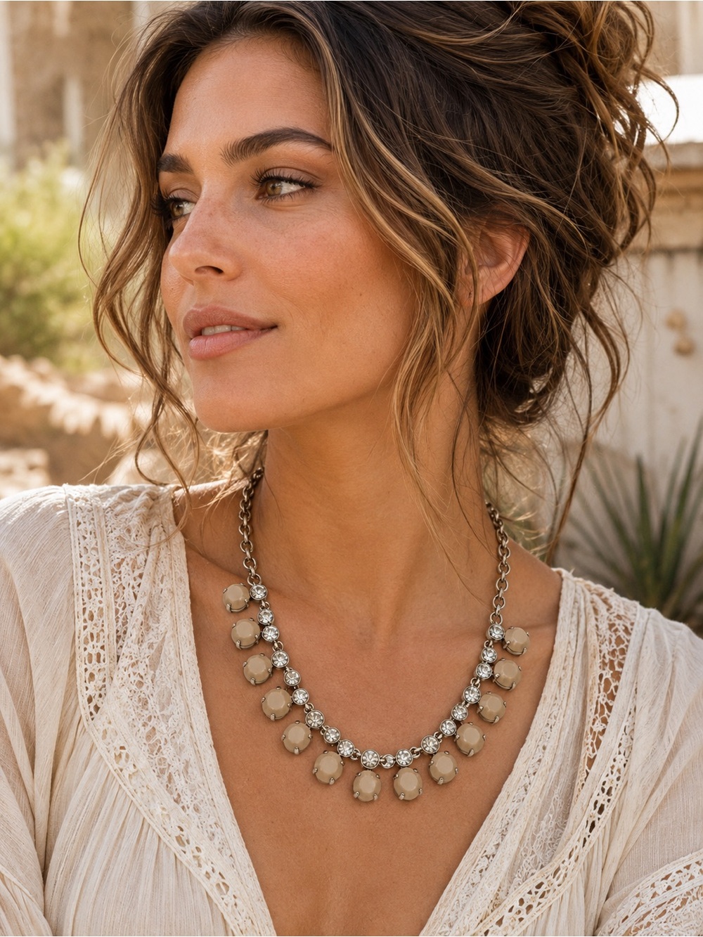 J.Crew Beige Crystal Statement Necklace Gold Tone